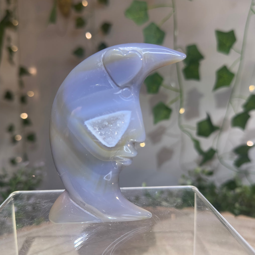 Druzy Blue Agate Moon Carving
