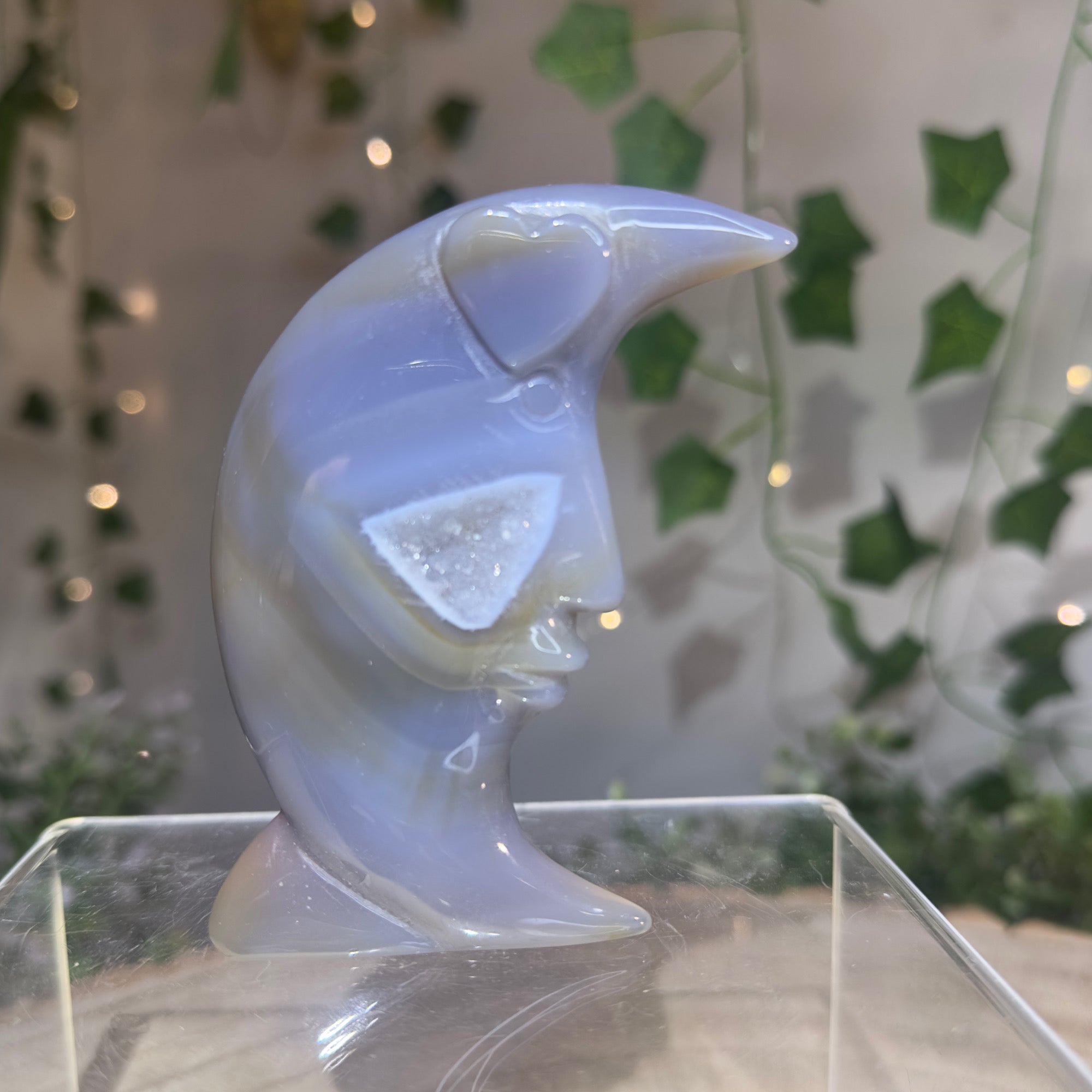 Druzy Blue Agate Moon Carving
