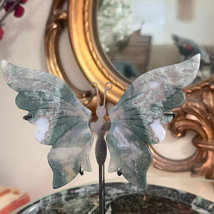 Moss Agate Butterfly on Stand - B