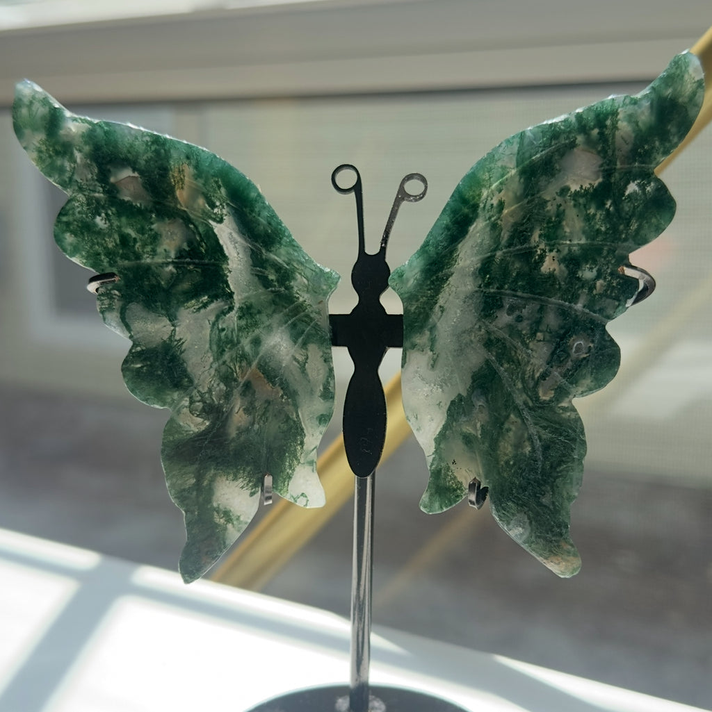 Moss Agate Butterfly on Stand - A