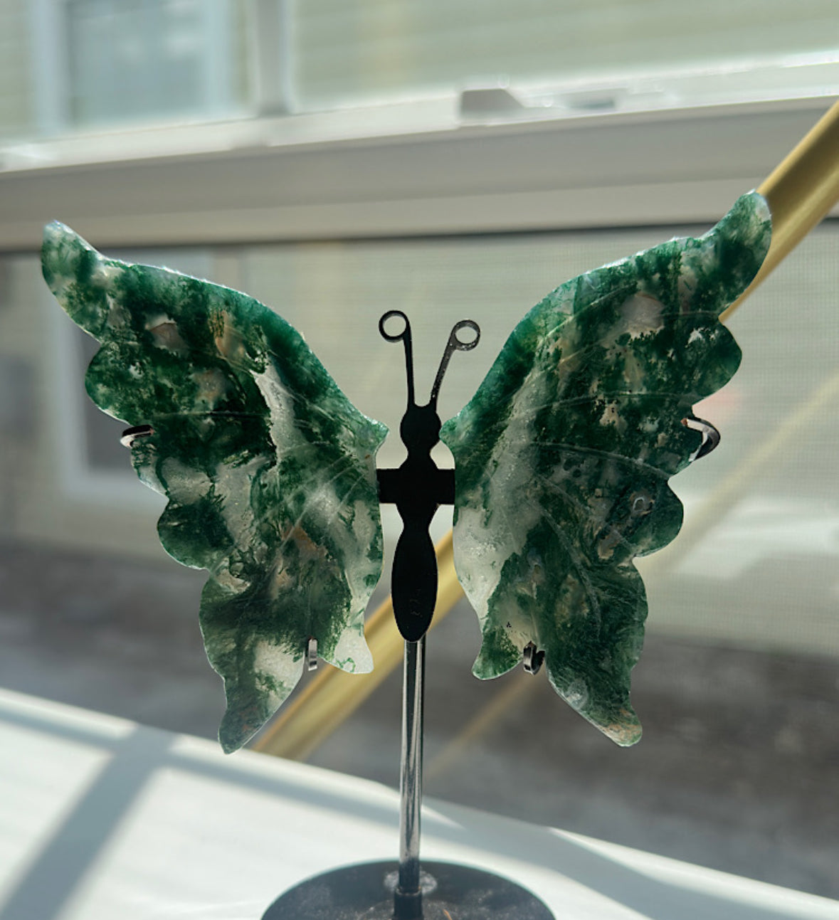 Moss Agate Butterfly on Stand - A