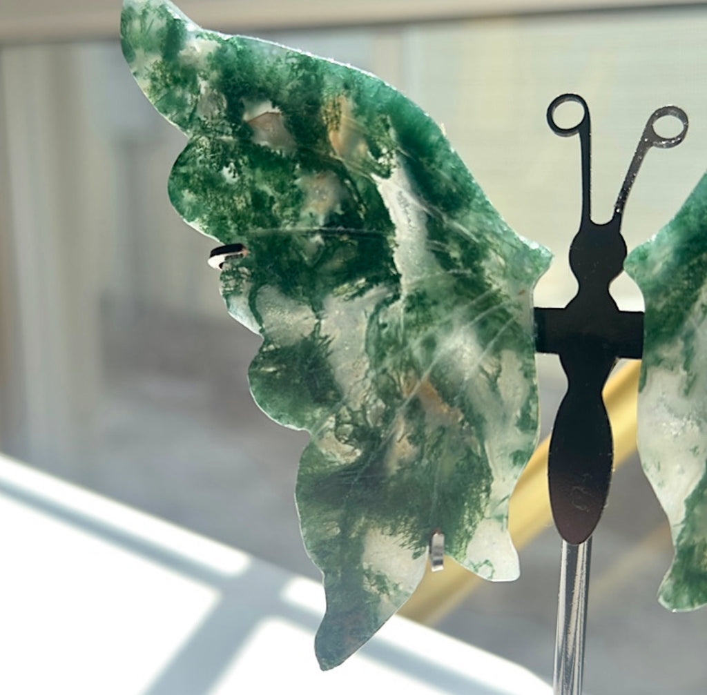 Moss Agate Butterfly on Stand - A