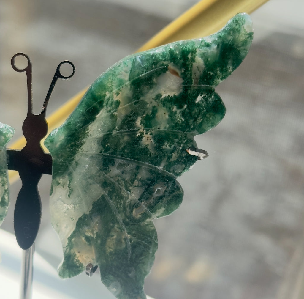 Moss Agate Butterfly on Stand - A