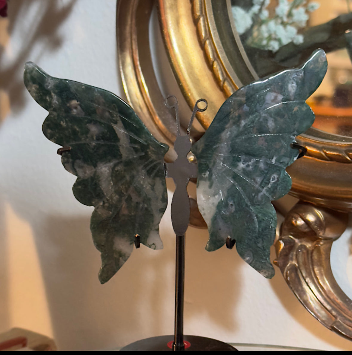 Moss Agate Butterfly on Stand - A
