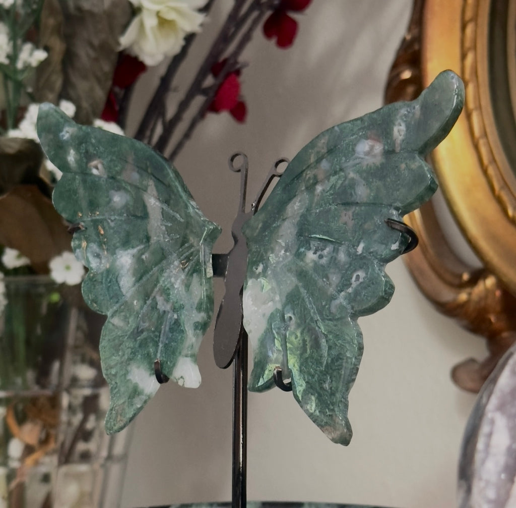 Moss Agate Butterfly on Stand - A