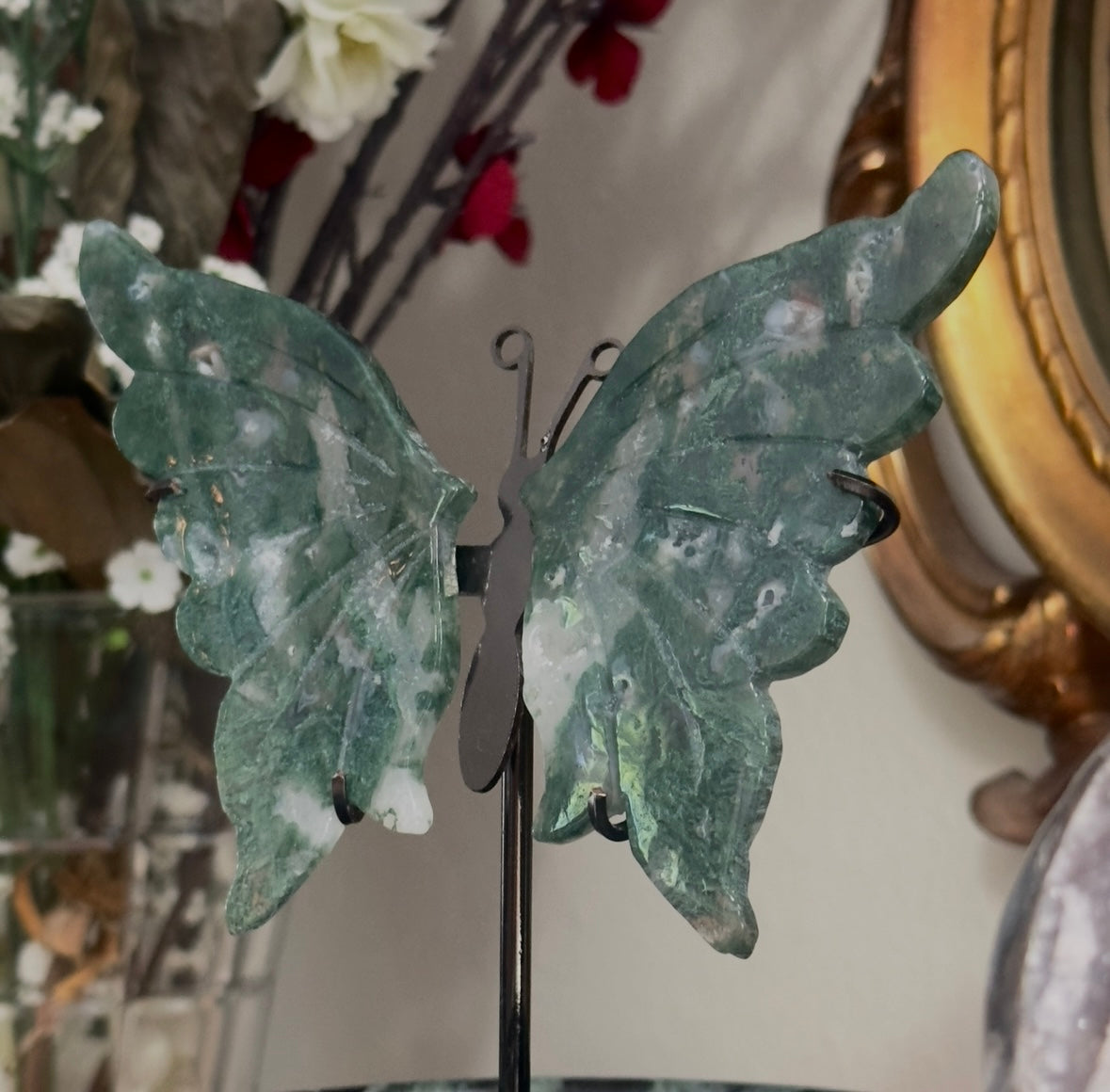 Moss Agate Butterfly on Stand - A