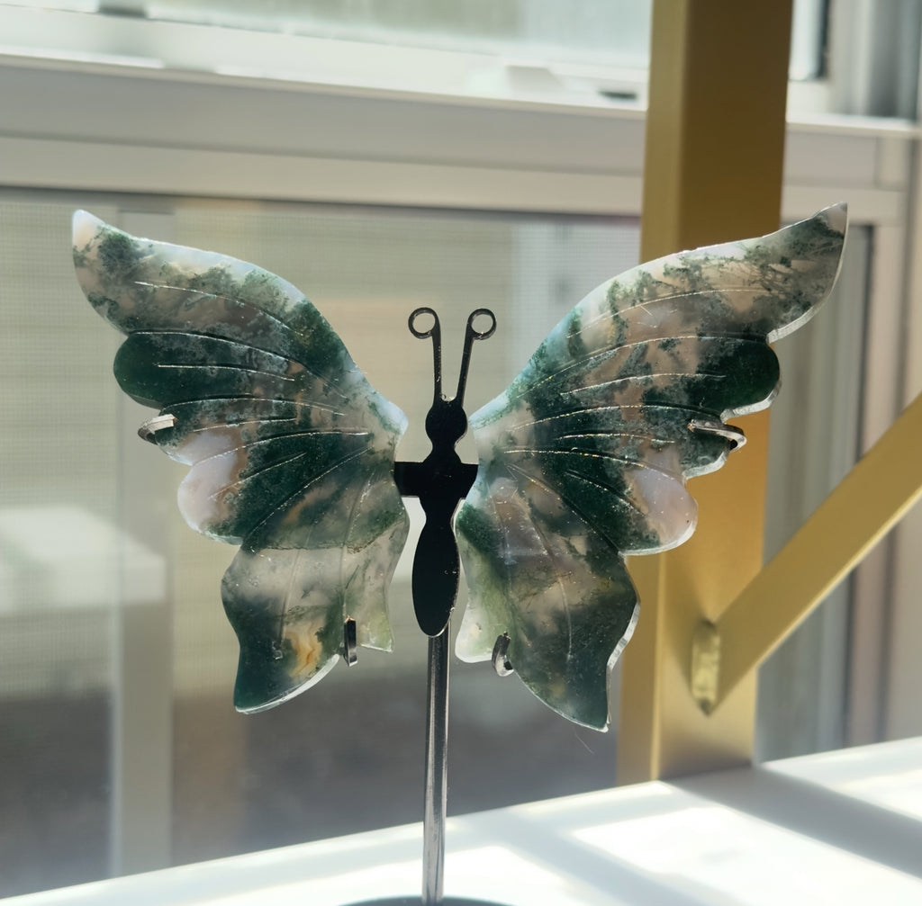 Moss Agate Butterfly on Stand - B