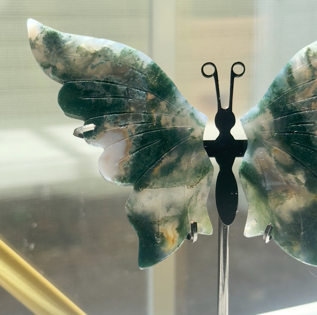 Moss Agate Butterfly on Stand - B