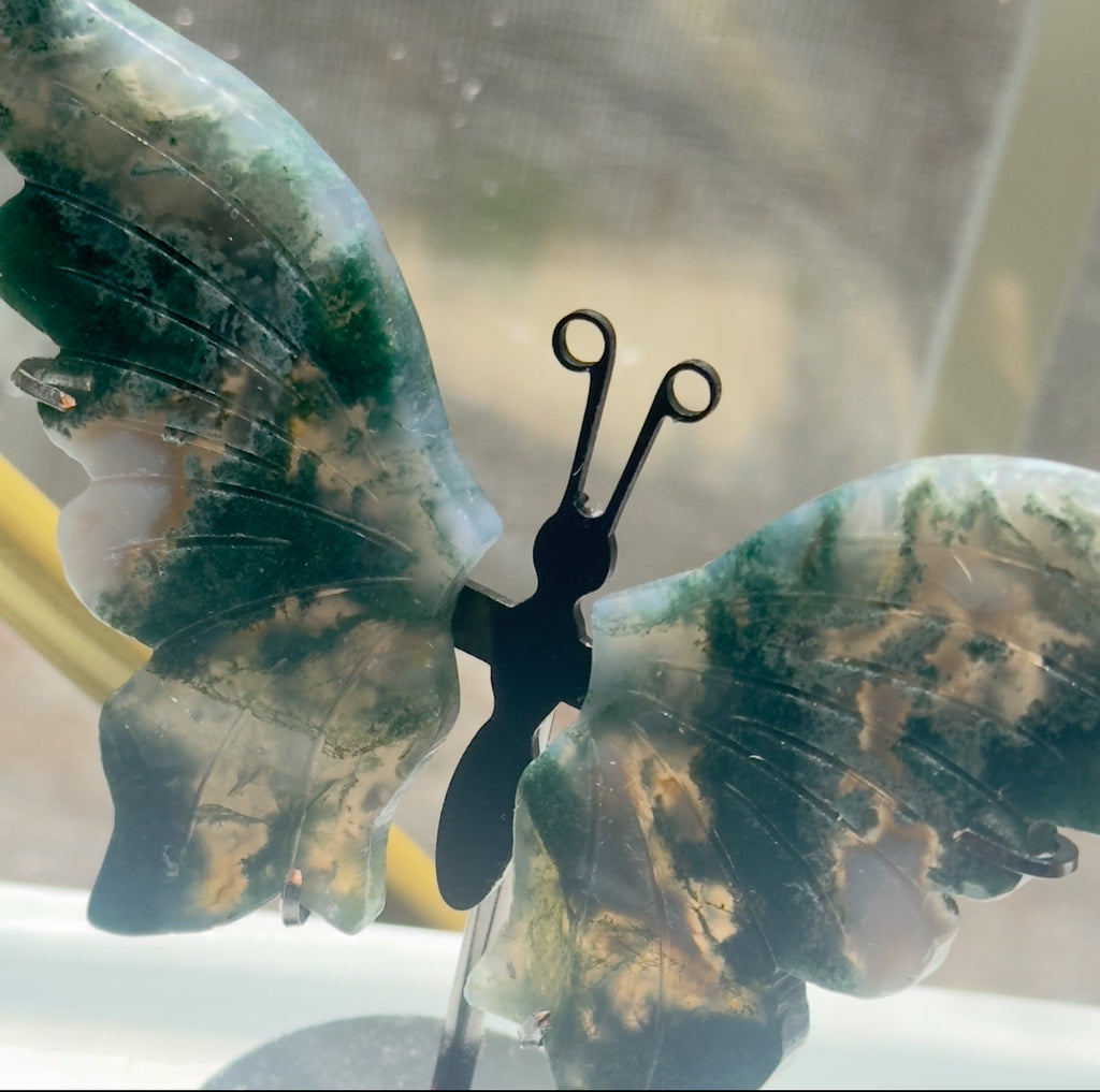 Moss Agate Butterfly on Stand - B