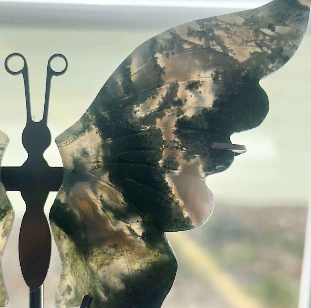 Moss Agate Butterfly on Stand - B