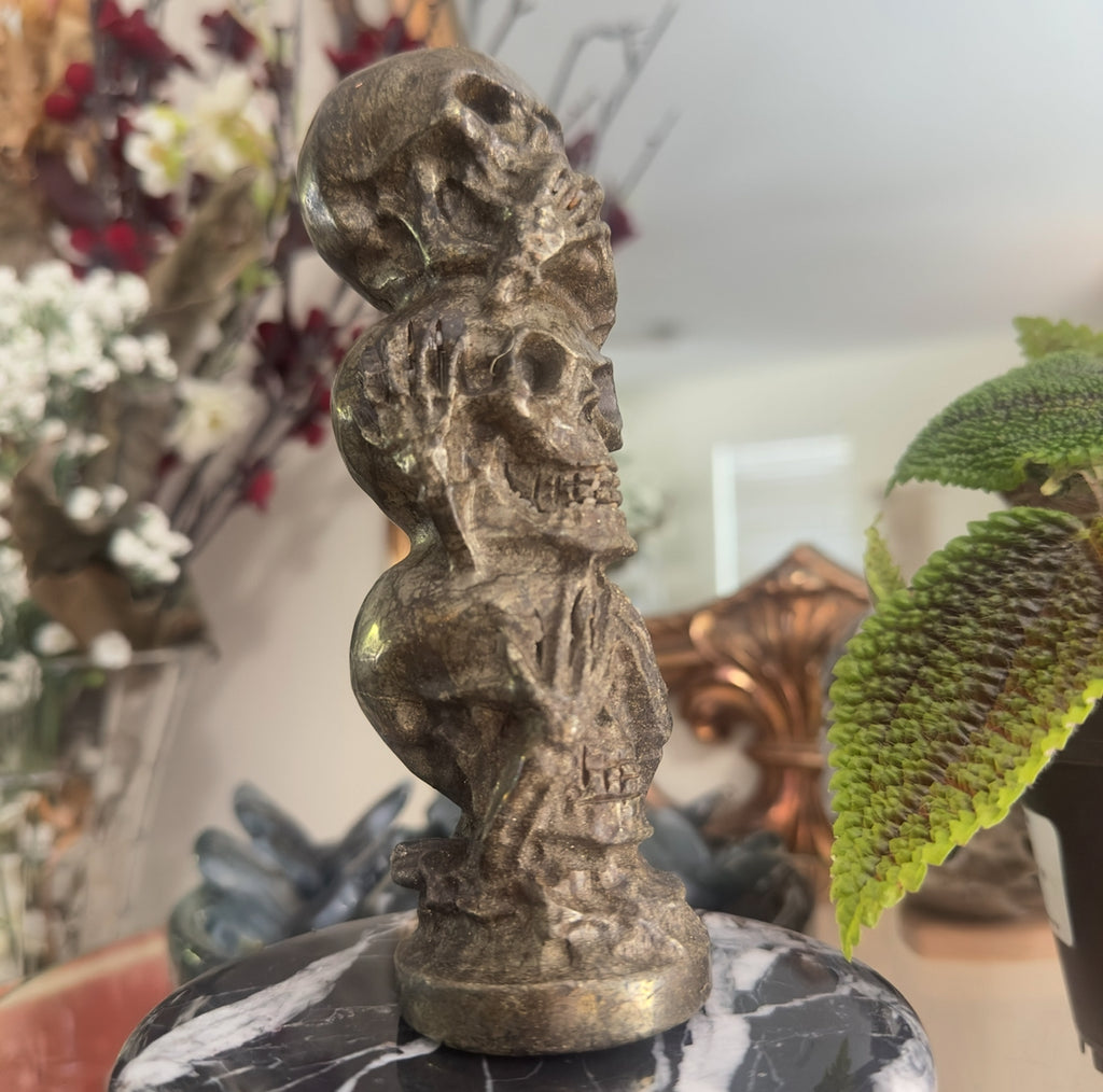 3 Skull Stack Pyrite Carving | See No Evil, Hear No Evil, Speak No Evil