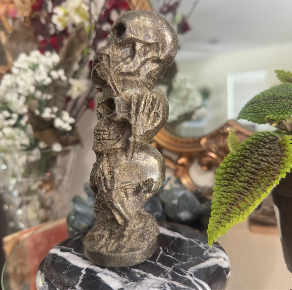 3 Skull Stack Pyrite Carving | See No Evil, Hear No Evil, Speak No Evil