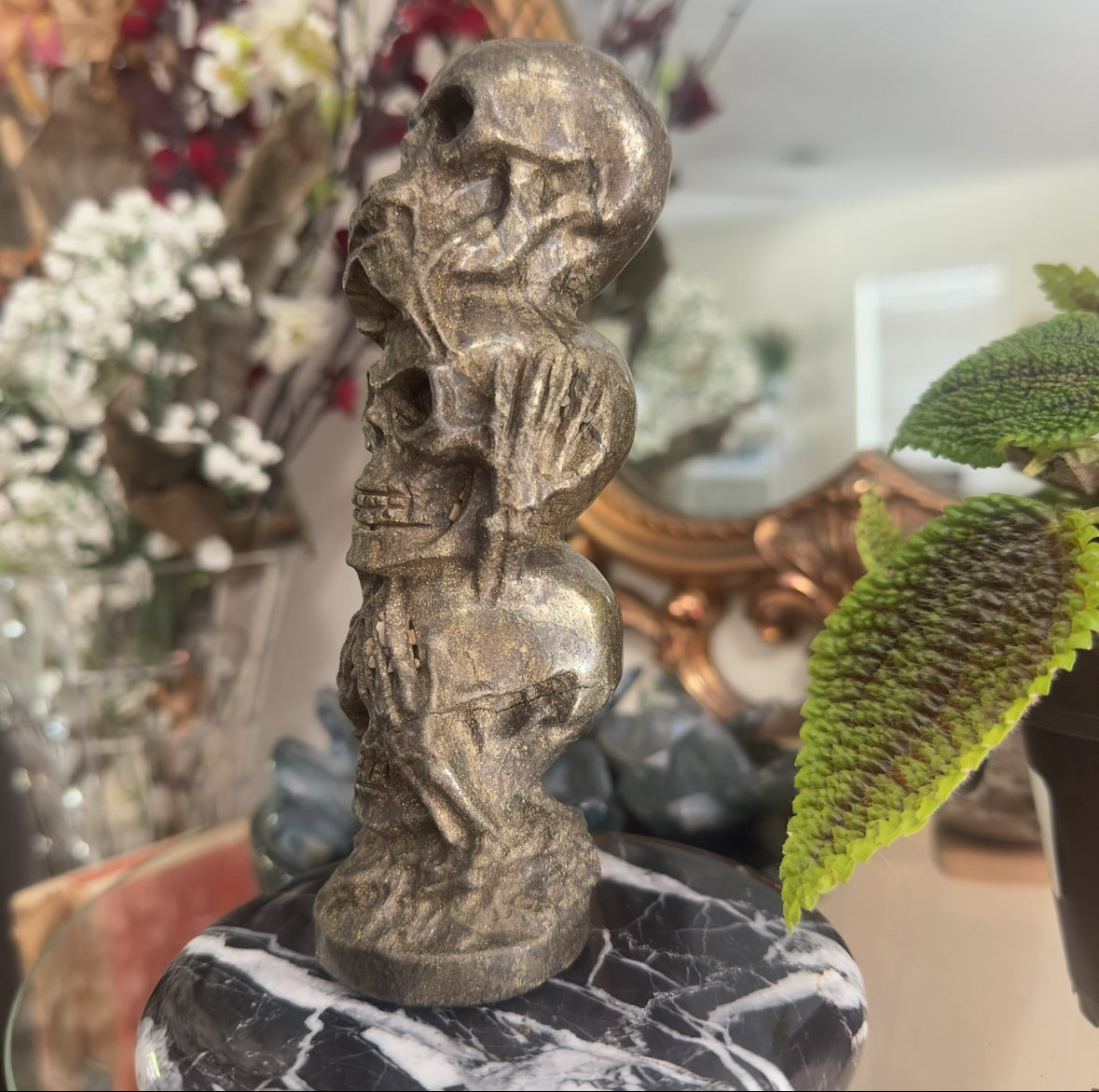 3 Skull Stack Pyrite Carving | See No Evil, Hear No Evil, Speak No Evil