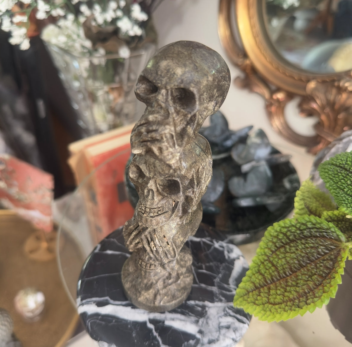 3 Skull Stack Pyrite Carving | See No Evil, Hear No Evil, Speak No Evil