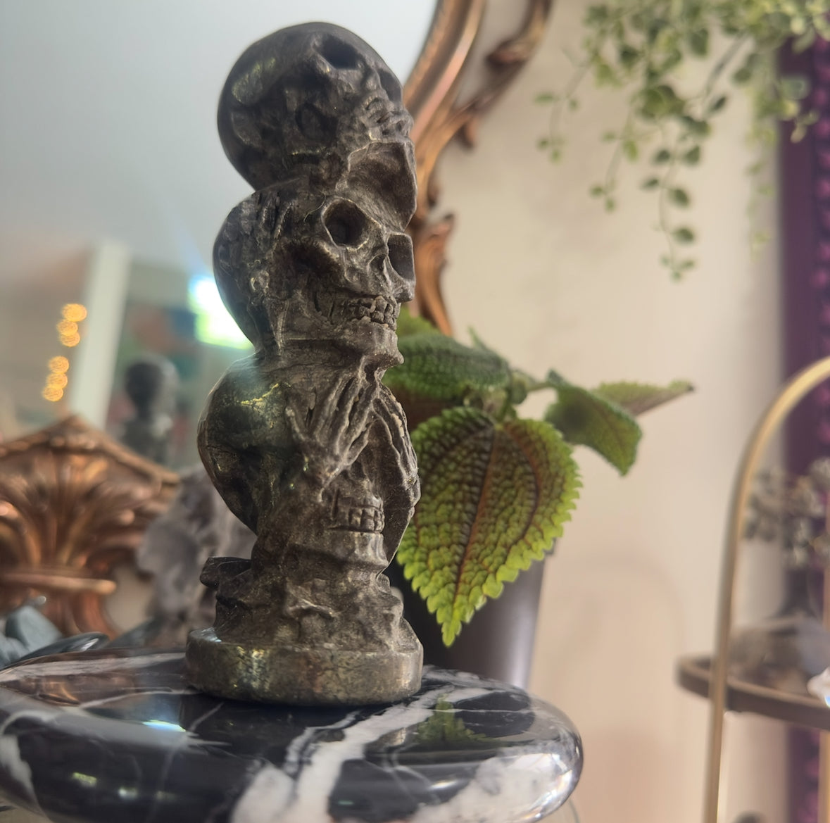 3 Skull Stack Pyrite Carving | See No Evil, Hear No Evil, Speak No Evil