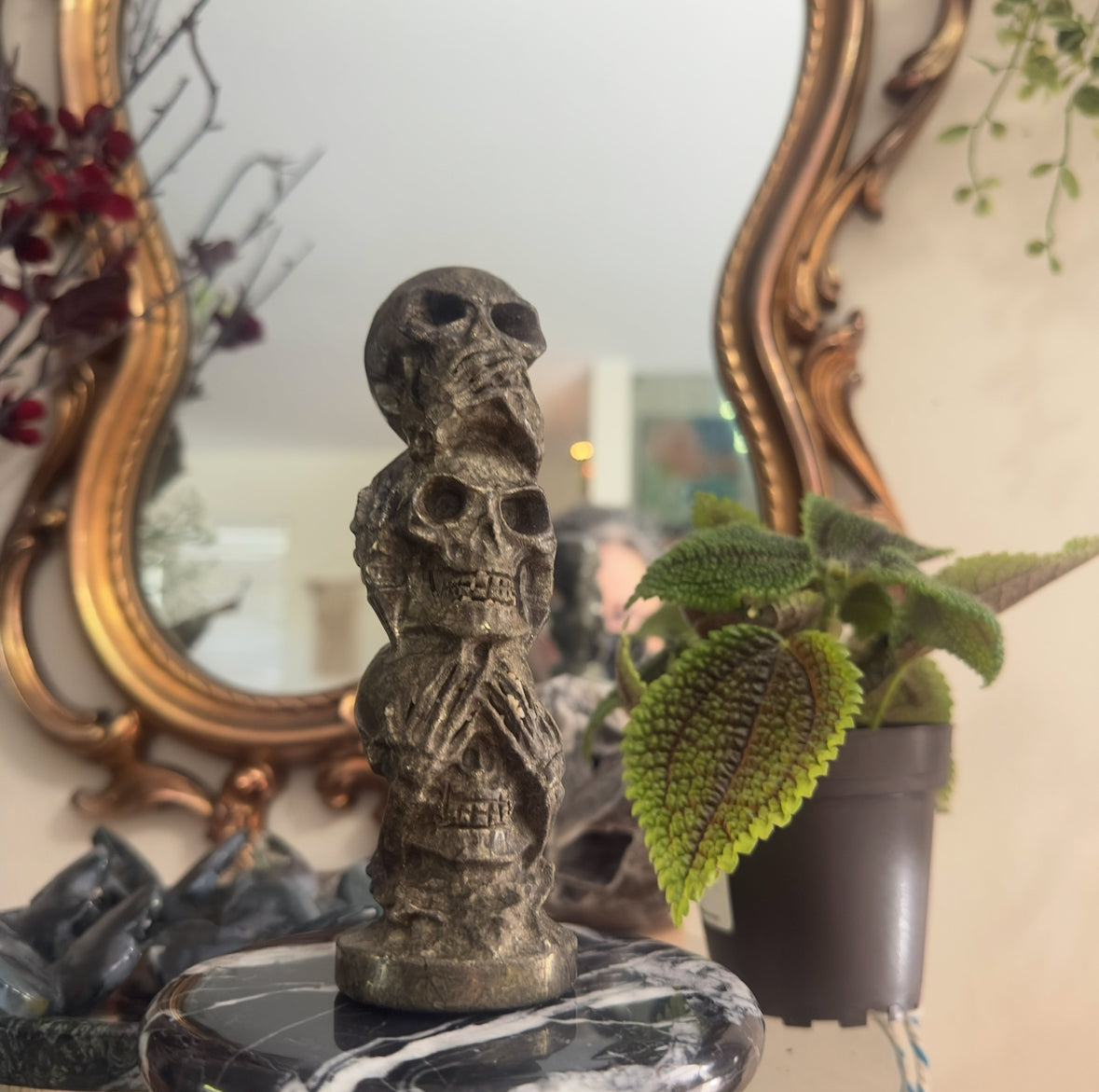 3 Skull Stack Pyrite Carving | See No Evil, Hear No Evil, Speak No Evil