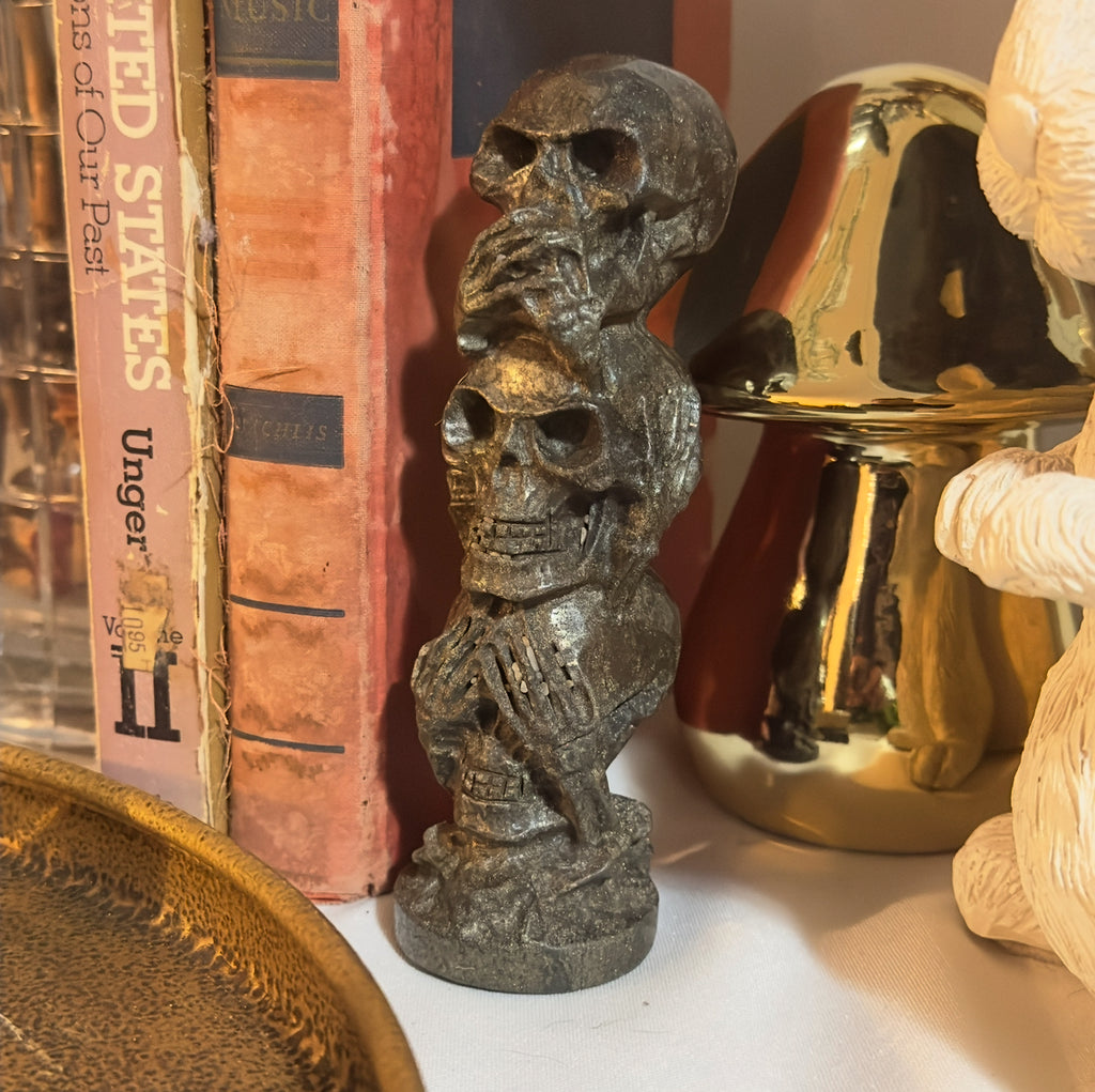 3 Skull Stack Pyrite Carving | See No Evil, Hear No Evil, Speak No Evil