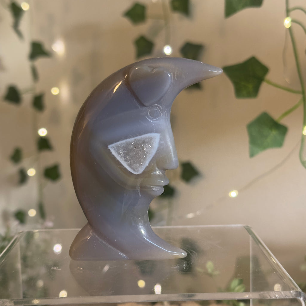 Druzy Blue Agate Moon Carving