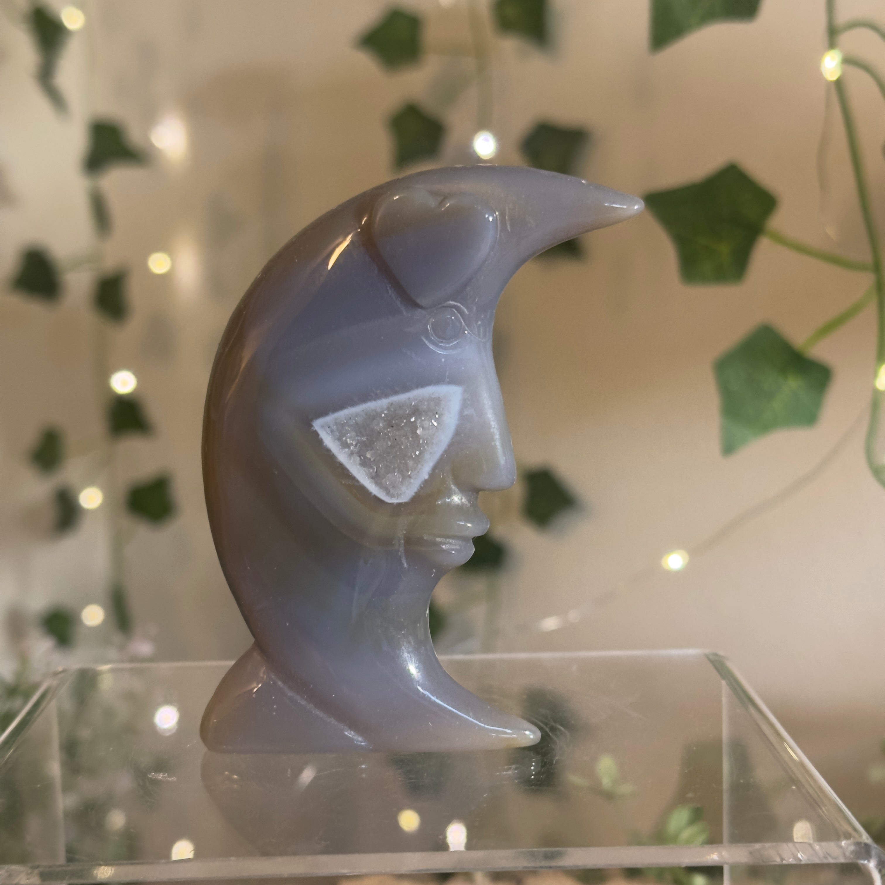 Druzy Blue Agate Moon Carving
