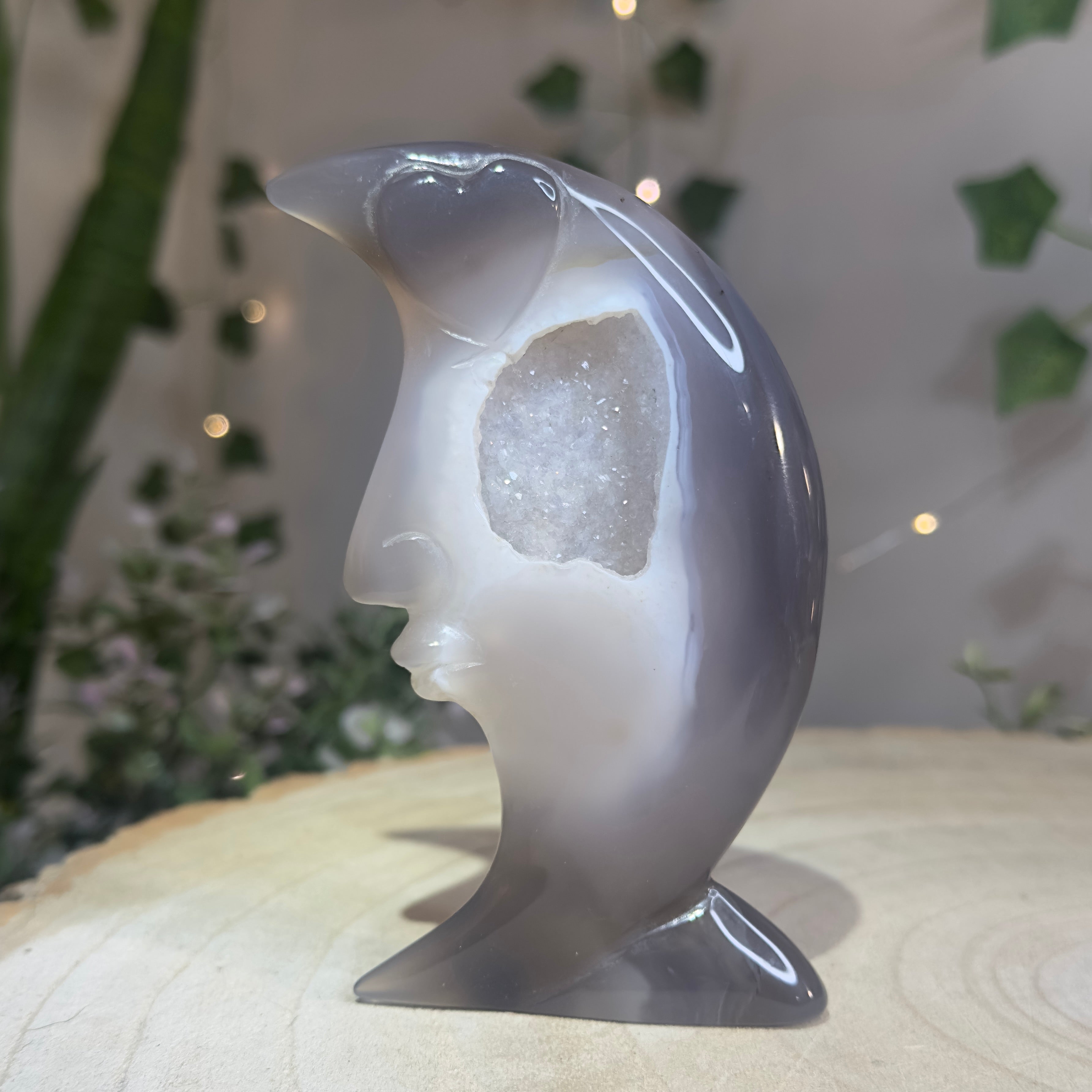 Druzy Smoky Blue Agate Moon Carving