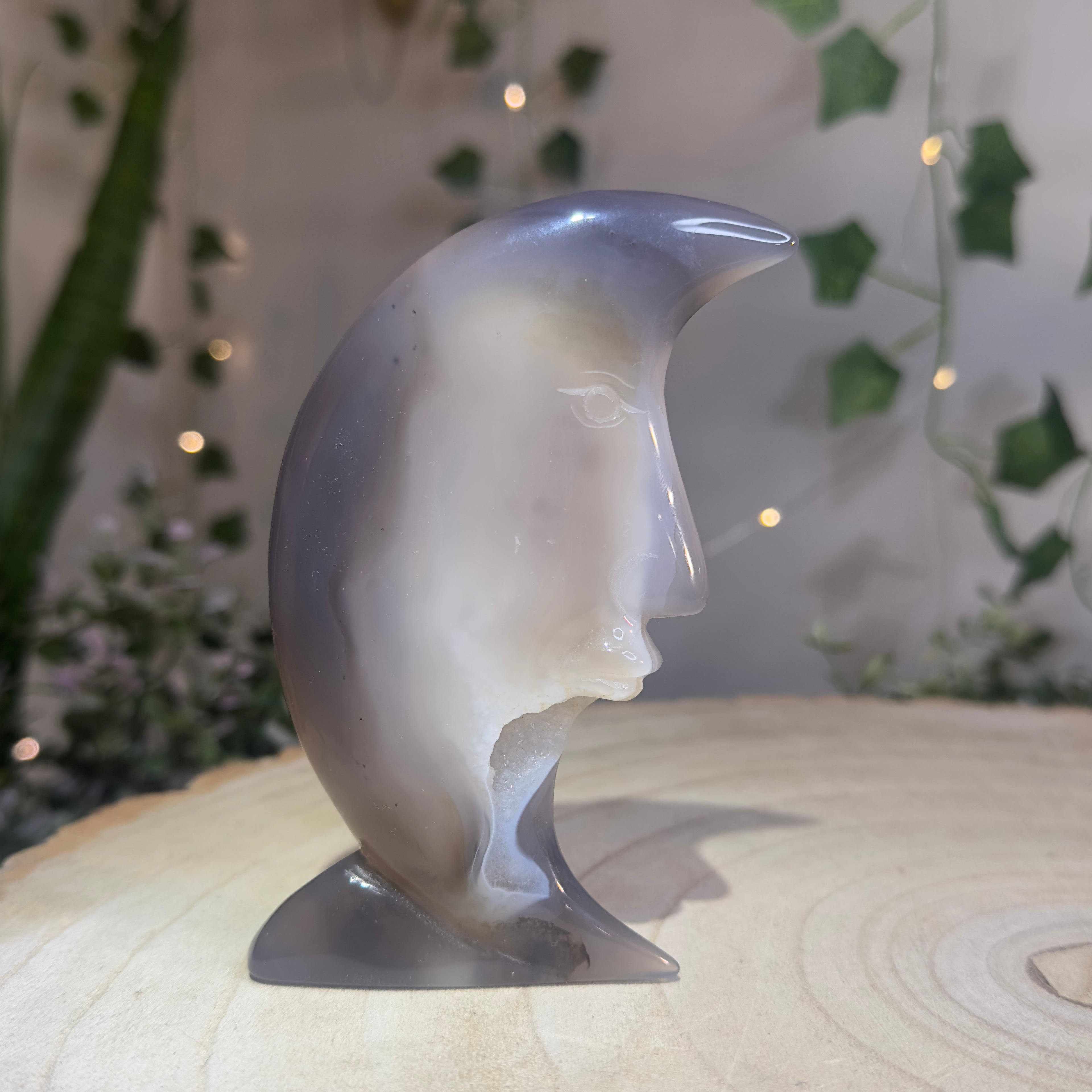 Druzy Smoky Blue Agate Moon Carving