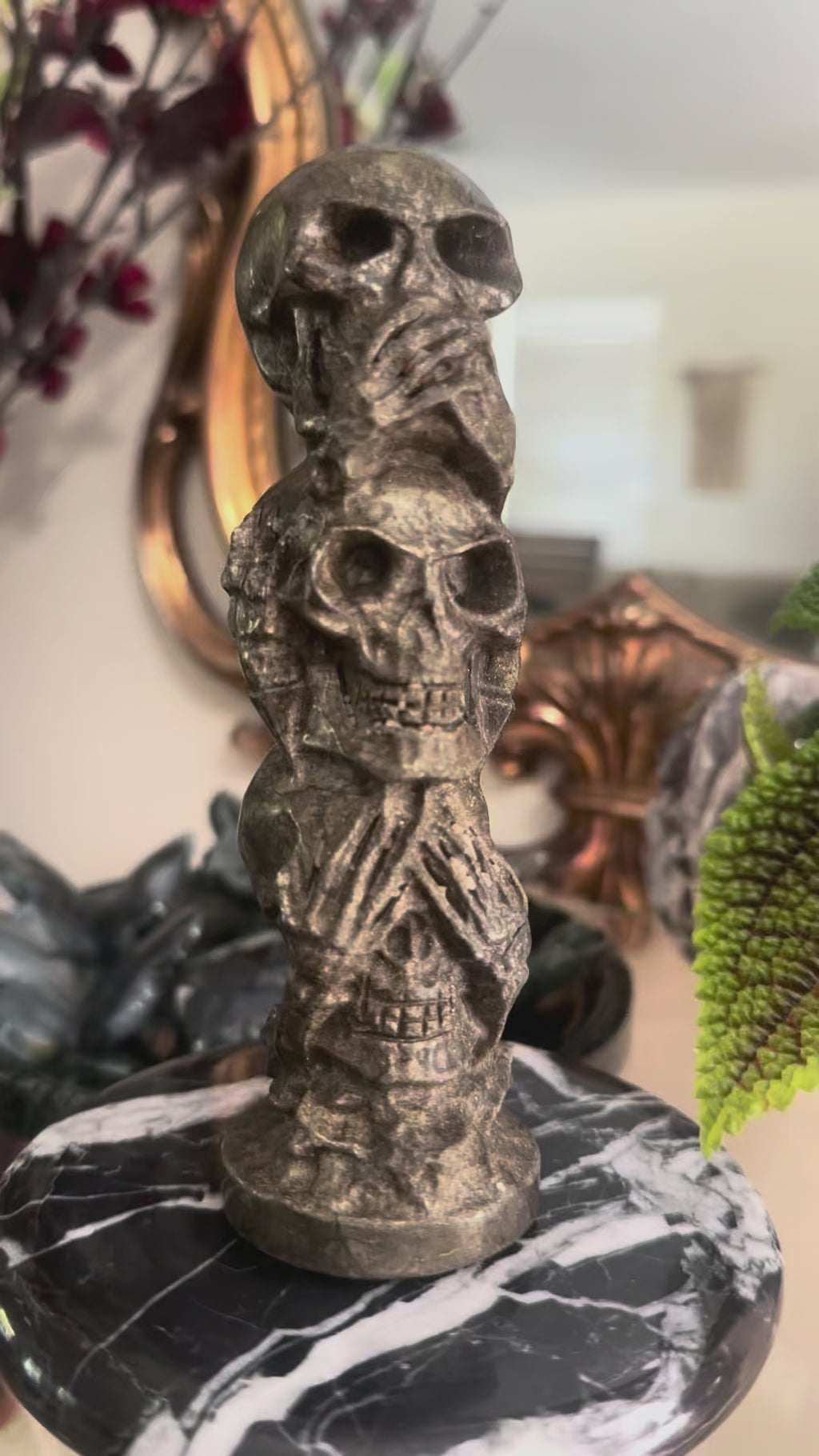 3 Skull Stack Pyrite Carving | See No Evil, Hear No Evil, Speak No Evil