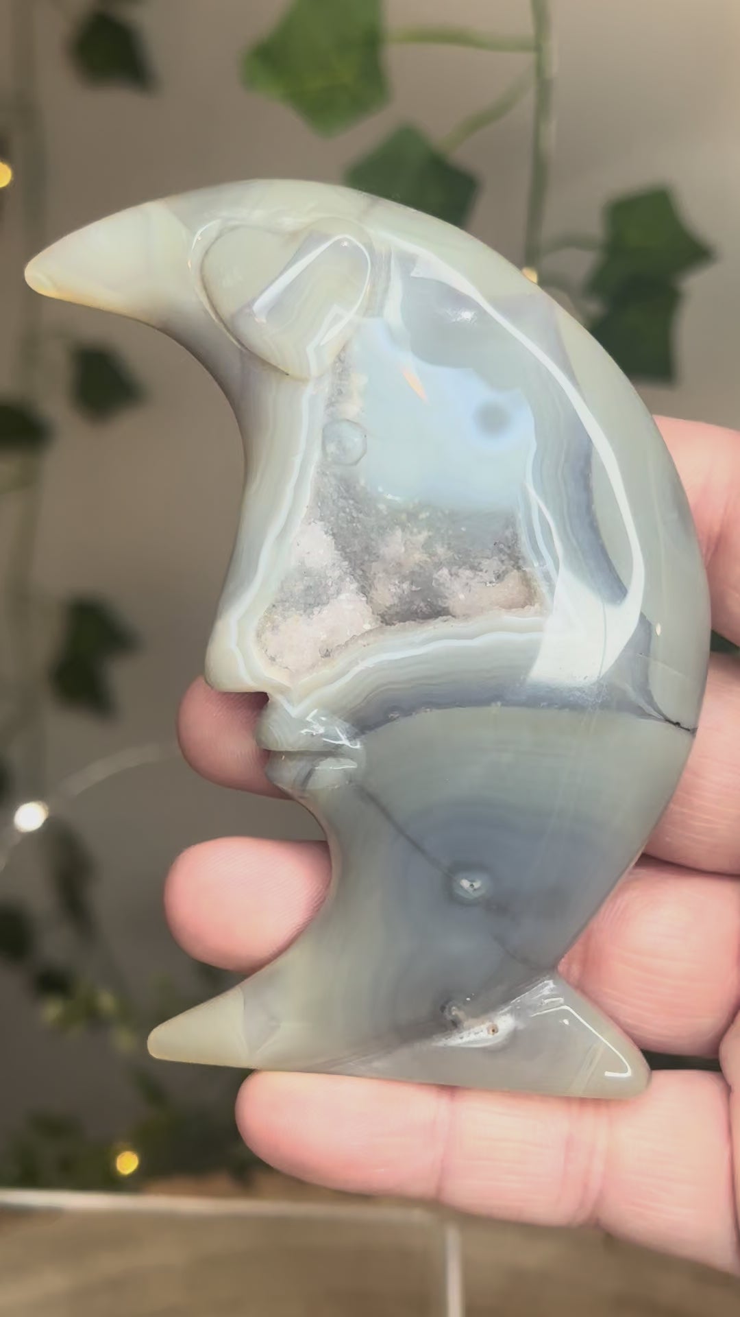 Druzy Blue Banding Agate Moon Carving