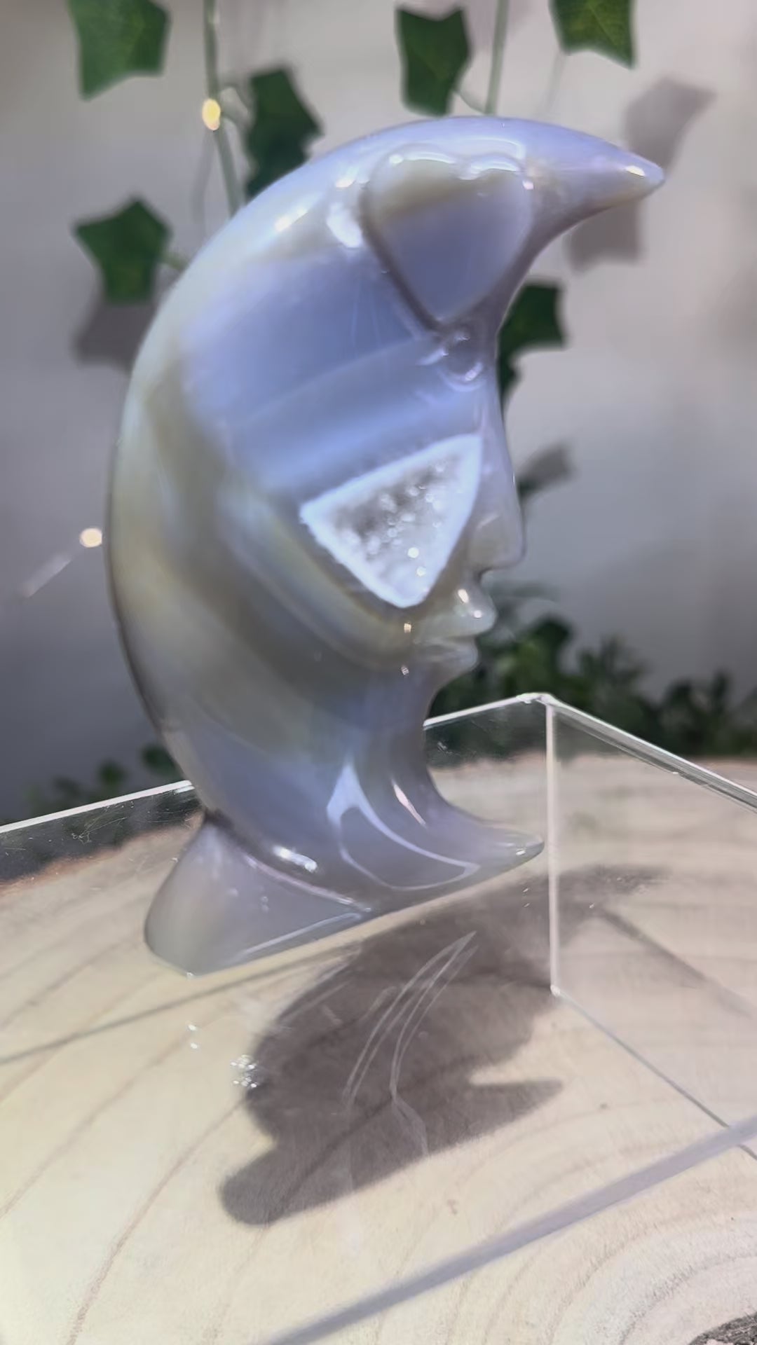 Druzy Blue Agate Moon Carving