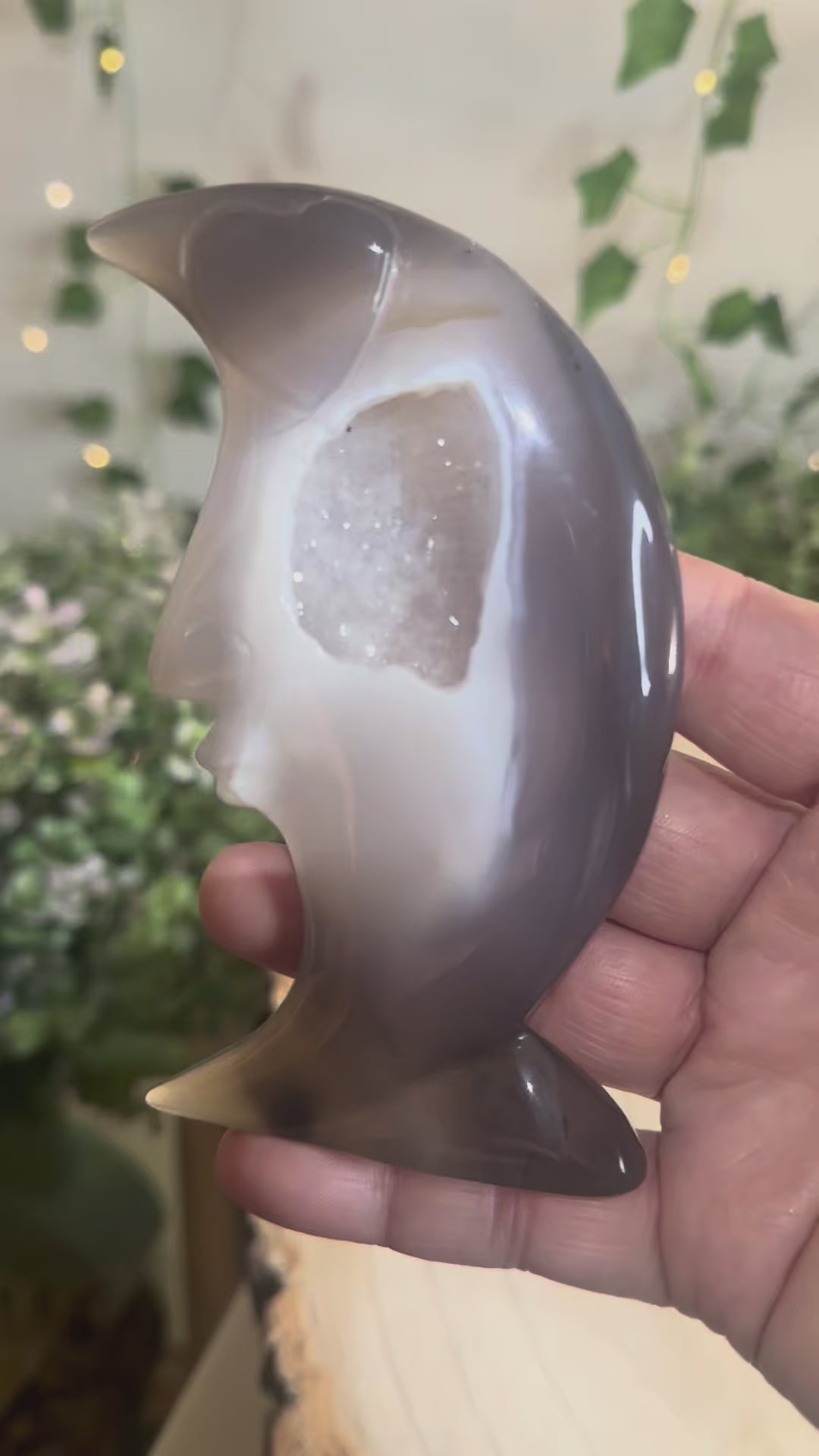 Druzy Smoky Blue Agate Moon Carving